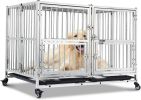 Large Dog Crate, High Anxiety Indestructible Stainless Steel Dog Kennel with Lockable Wheels, Double Door and Sturdy Locks, Extra Large XL XXL Heavy D