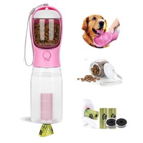 3 in1 Dog Outdoor Water Bottle,Portable Water Dispenser with Food Container,Poop Bag√ó3,Carbon Filter√ó2,Leak Proof Lock for Cat,Puppy and Other Pets (Color: Pink)